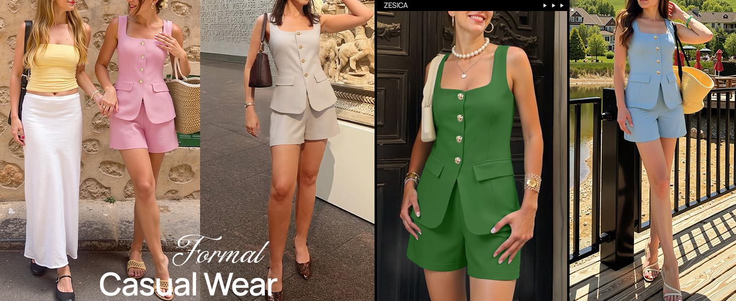 ZESICA Womens Summer Casual 2 Piece Suit Sets 2026 Sleeveless Blazer Vest Tops Shorts Business Work Office Outfits