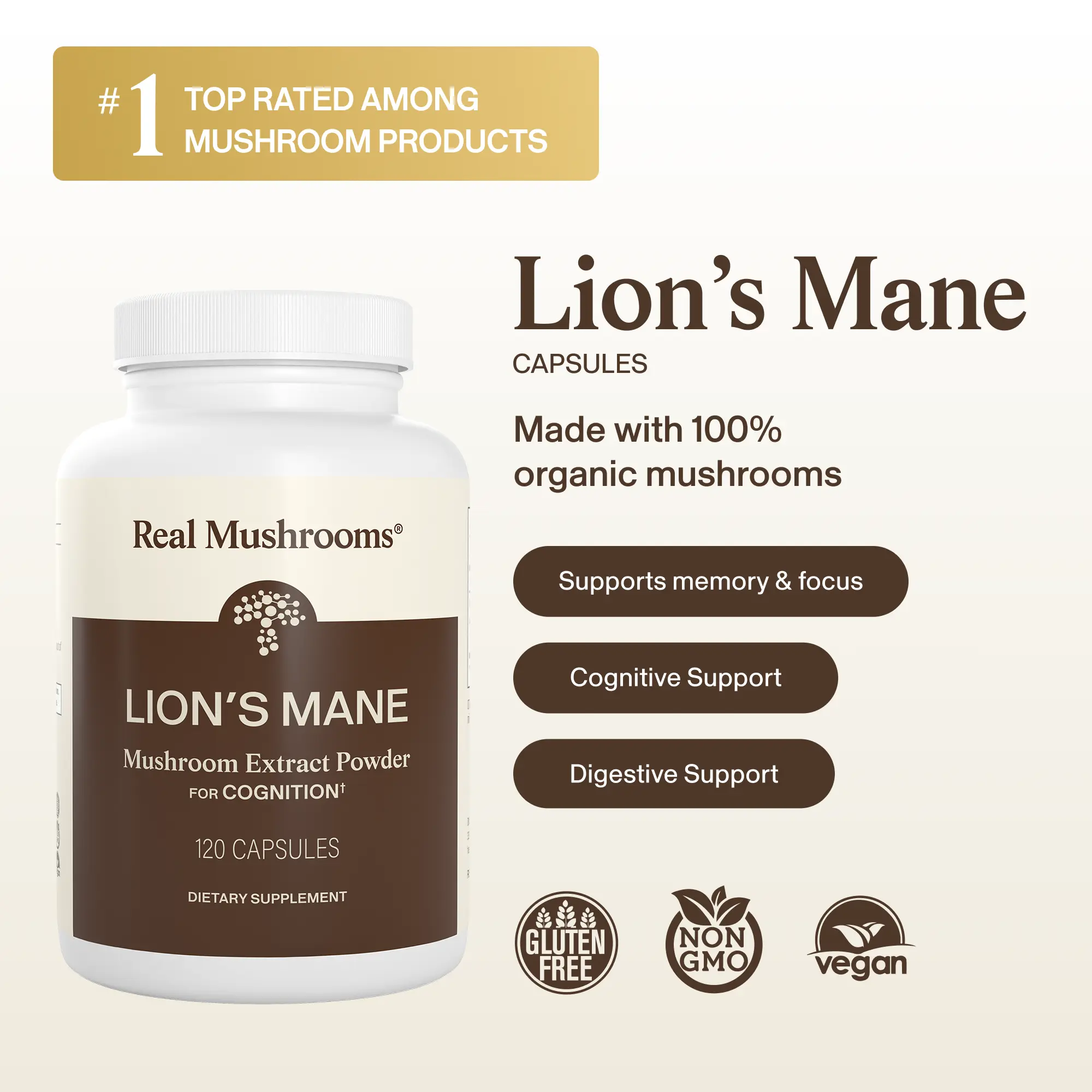 Real Mushrooms Lion's Mane Mushroom Capsules for Focus & Memory | 100% Organic Mushrooms, No Fillers