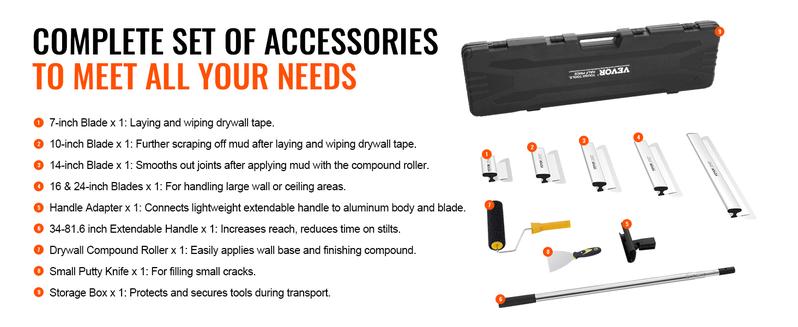VEVOR Drywall Skimming Blade Set, Various specifications, Skimming Blades Extension Handle Pole, Stainless Steel Knife Professional Skim Coat Tools, for Gyprock/WallBoard/Plasterboard,Drywall Set