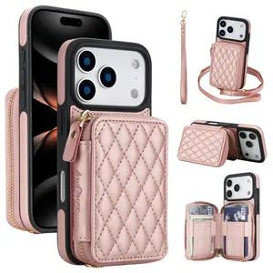 ROTUNOE Zipper Wallet Case For iPhone 17 Pro Max 17 Air 16 15 14 13 Pro Max, PU Leather Handbag Purse Flip Card Holder Case, Kickstand Case with Wrist Strap Lanyard