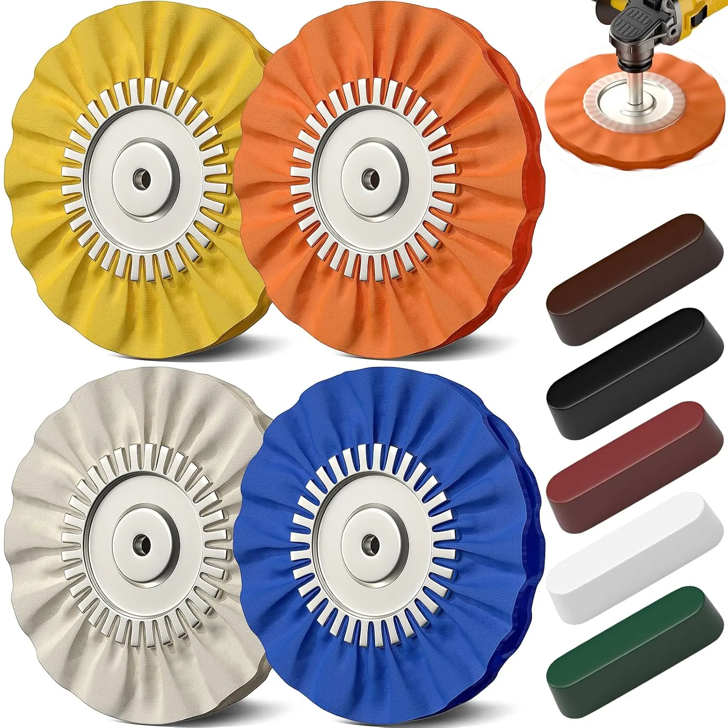 BURMONG 9PCS Buffer Polisher & Compound Kit - 8" Airway Buffing Wheel, 4.5" Wool Pad, 5/8" Arbor Hole Makes Setup Simple, Aluminum Metal Polishing Pads for Angle Grinders, Car Detailing Enthusiasts
