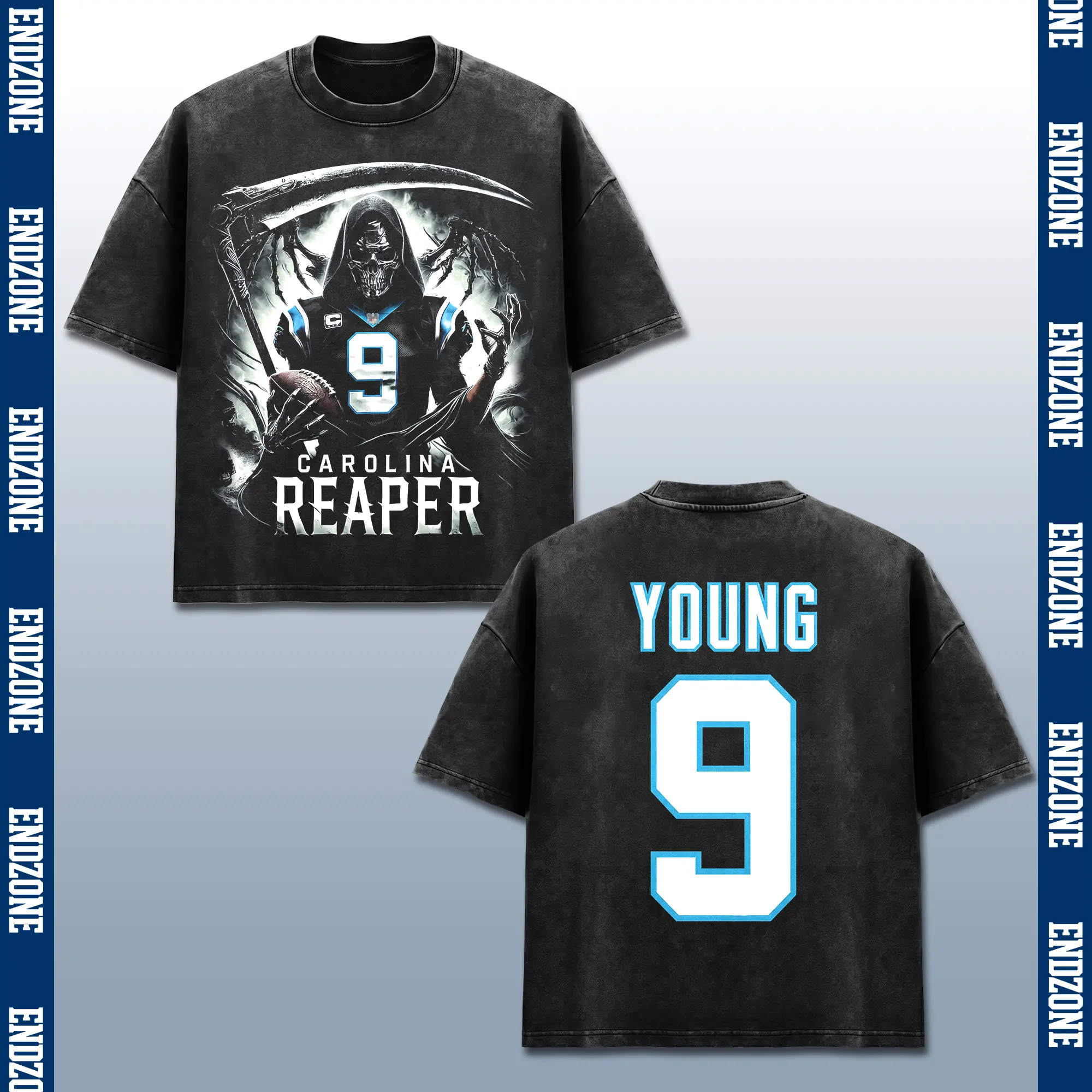 [Endzone] Bryce Young T-Shirt, BY9 Reaper Merch, Panther Team Quarterback Graphic Tee, Heavyweight Vintage Acid Washed Black Shirt, American Football Season 2026 Game Day Top, Unisex Casual Streetwear Clothes