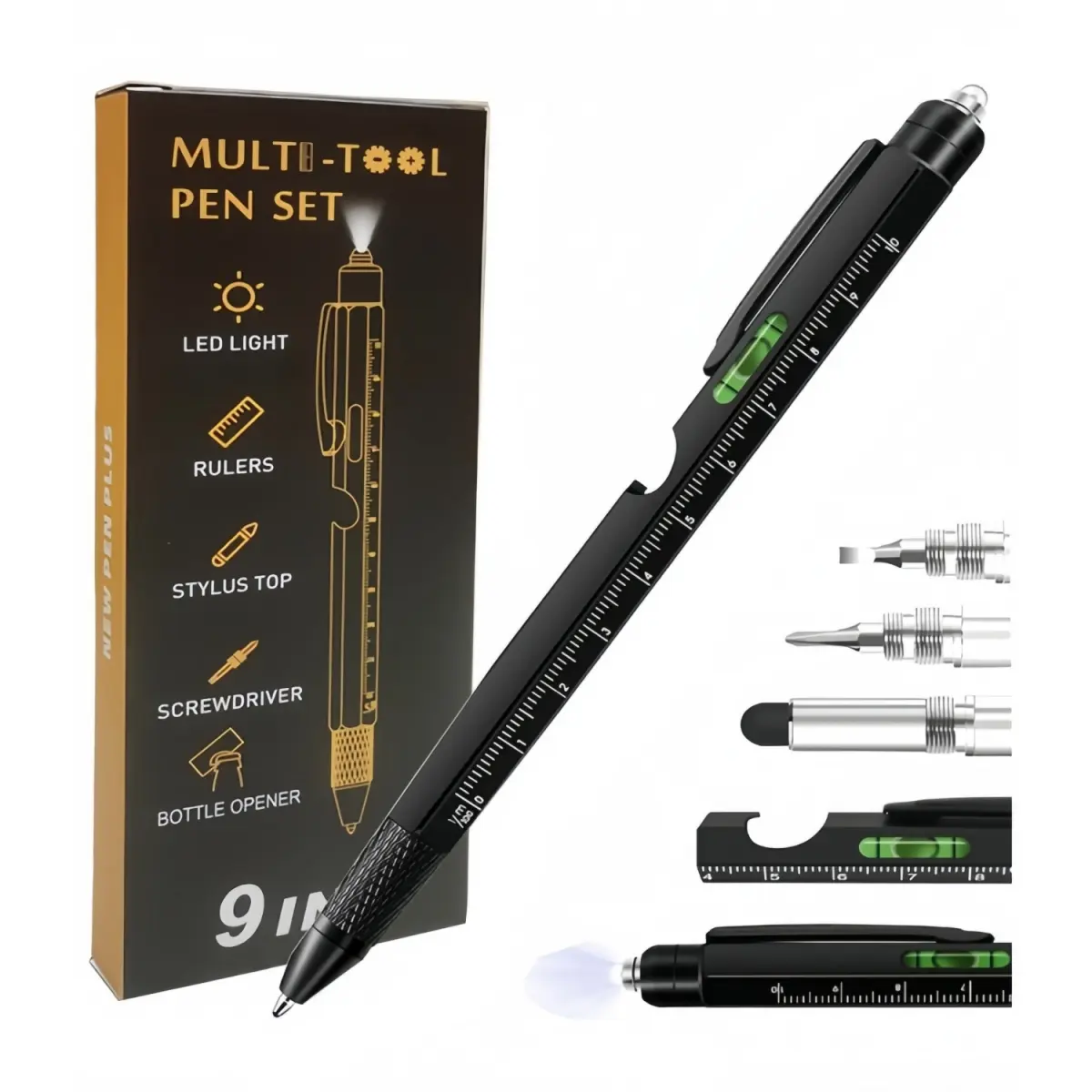 9-in-1 Compact Pen Multi-Tool with 9 Essential Tools - Ruler, Stylus, Bubble Level, Screwdrivers, LED Flashlight, Bottle Opener, Phone Holder - Ideal Gift for DIY Enthusiasts for Christmas, Anniversary, Valentine's Day