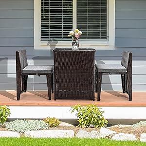 Bonnlo 3 PCS Wicker Outdoor Patio Bistro Set, Patio Furniture Set for Small Space with Glass Top Table Dining Chairs, Balcony Furniture Patio Table and Chairs Set of 2 for Garden Yard Porch (Brown)