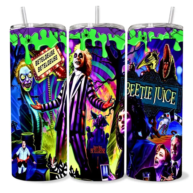 Beetle Juice 20 oz Tumbler - BPA Free, Stainless Steel, Leak Proof, Clear Lid, Includes Straw