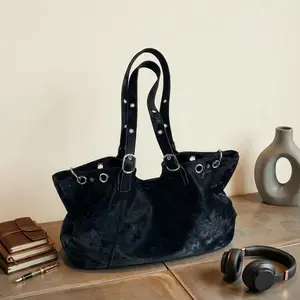 Vintage Grunge Vegan Leather Tote Bag, Large Capacity Distressed PU Shoulder Bag with Metal Eyelets, Retro Punk Hobo Purse, Y2K Cyberpunk Streetwear Satchel