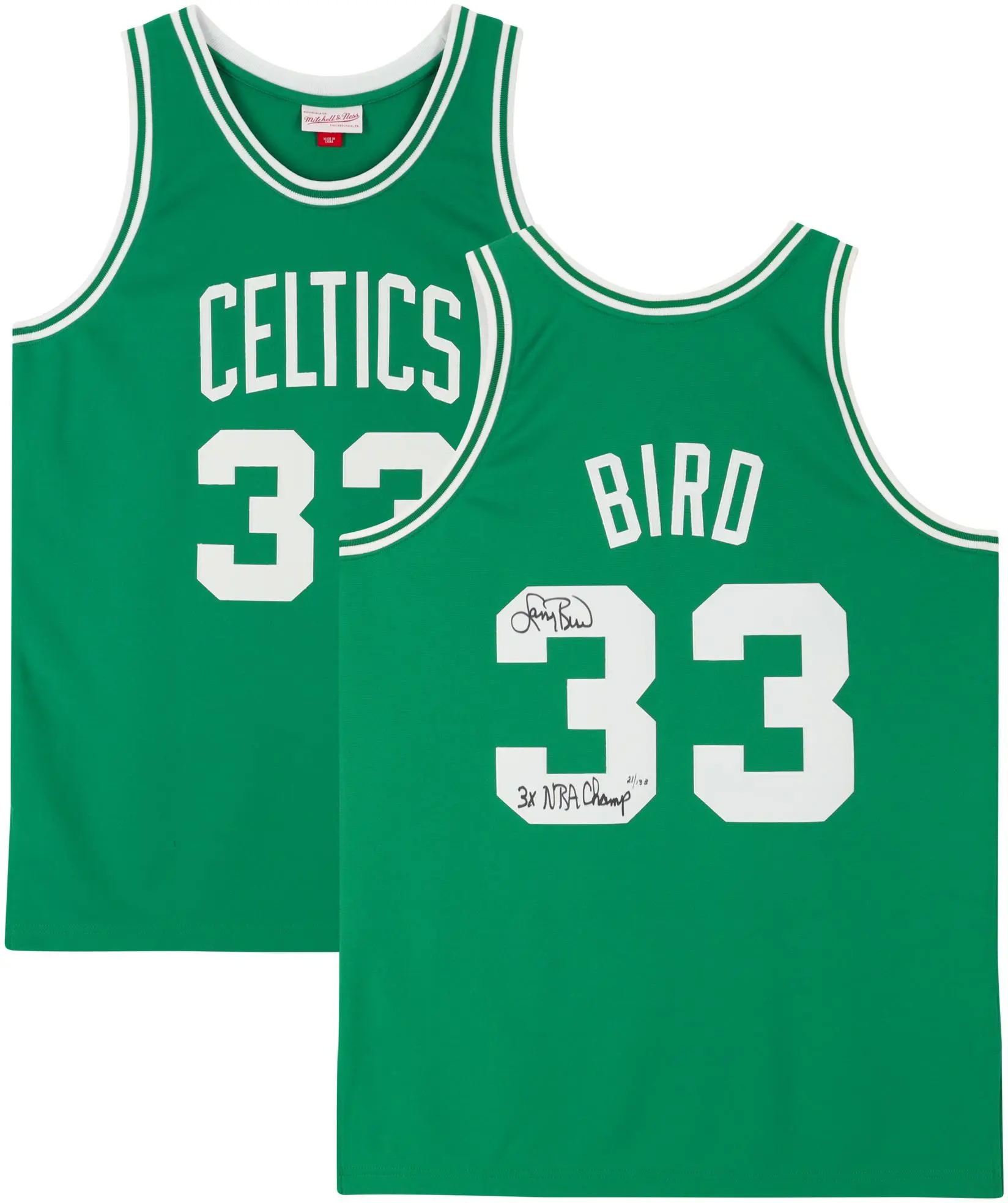 Larry Bird Boston Celtics Autographed Green Mitchell & Ness 1985-1986 Authentic Jersey with "3x NBA Champ" Inscription - Limited Edition of 133 - Fanatics Authentic Certified
