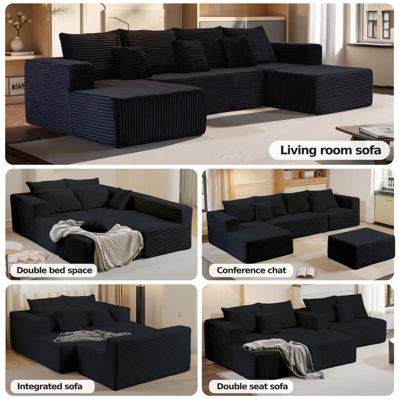 133" U Shape Cloud Couch Plus Sectional Sofa with Chaise Modern Modular Sofa with 7 Soft Pillows & Lounge Chairs Boneless Upholstered Couches for Living Room Bedroom Plush Corduroy Fabric