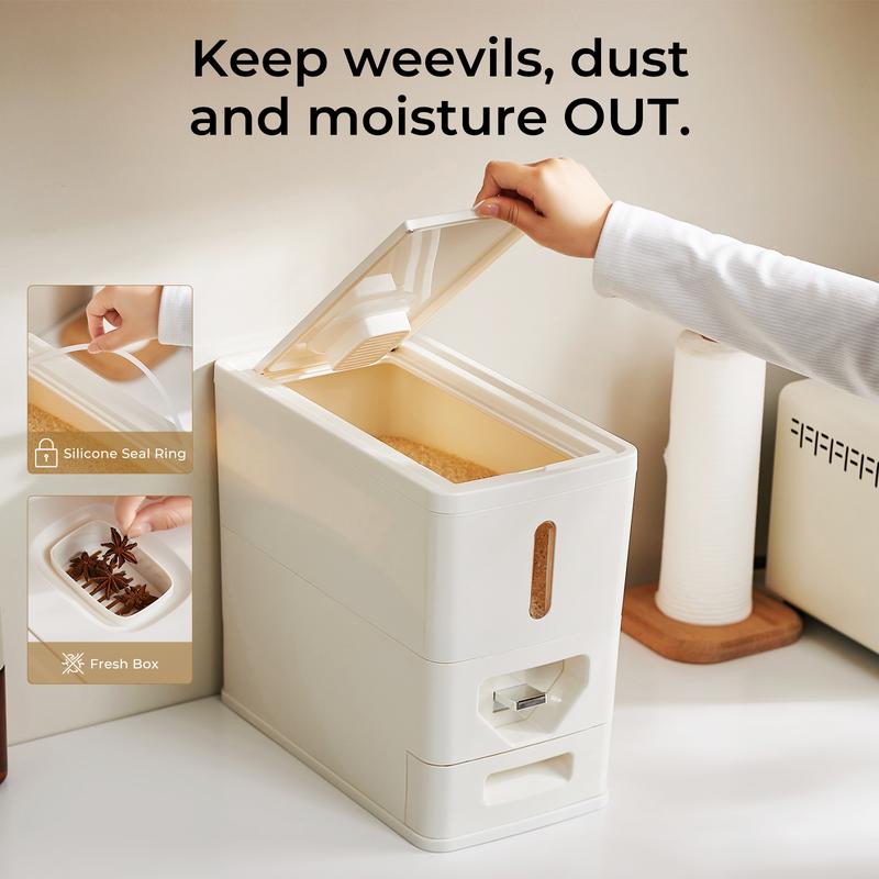 UFORU Rice Storage Container for Kitchens and Pantries: Press-to-dispense design saves space + airtight seal keeps out pests and dust BPA-free construction with transparent viewing window + drawer-style measuring scoop Ideal for busy moms