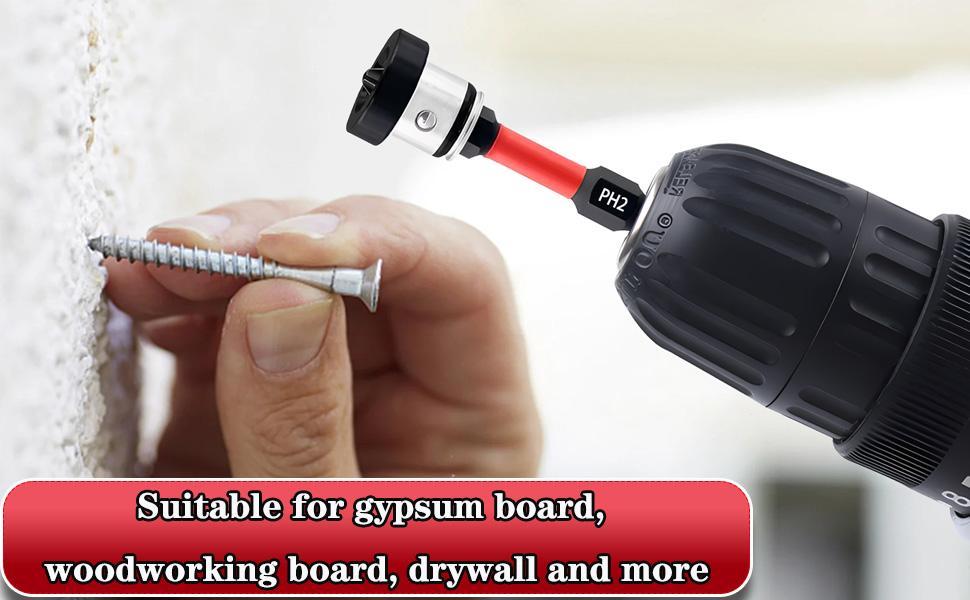 5pcs Drywall Bit Attachment with Depth Stop, PH2 Magnetic Drywall Screwdriver Bits for Countersinking Drywall Screws in Plasterboard, 1/4 Inch Hex Shank Plasterboard Bit