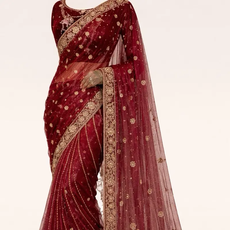 Luxury Burgundy Velvet Embroidered Saree with Blouse Ready to Wear for Special Occasions