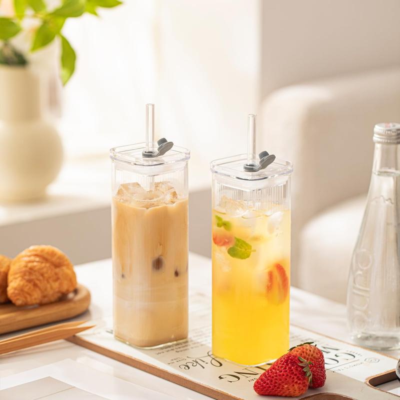 Nifogo Glass Cups with Lids & Straws, 8 Sets Square Ribbed Drinking Glasses with Lids, Clear Highball Tumblers for Cocktail, Coffee, Juice, Beer, Modern Mixed Drinkware Jars(13oz) Nifogo Glass Cups with Lids & Straws, 8 Sets Square Ribbed Drinking Glasses with Lids, Clear Highball Tumblers for Cocktail, Coffee, Juice, Beer, Modern Mixed Drinkware Jars(13oz)