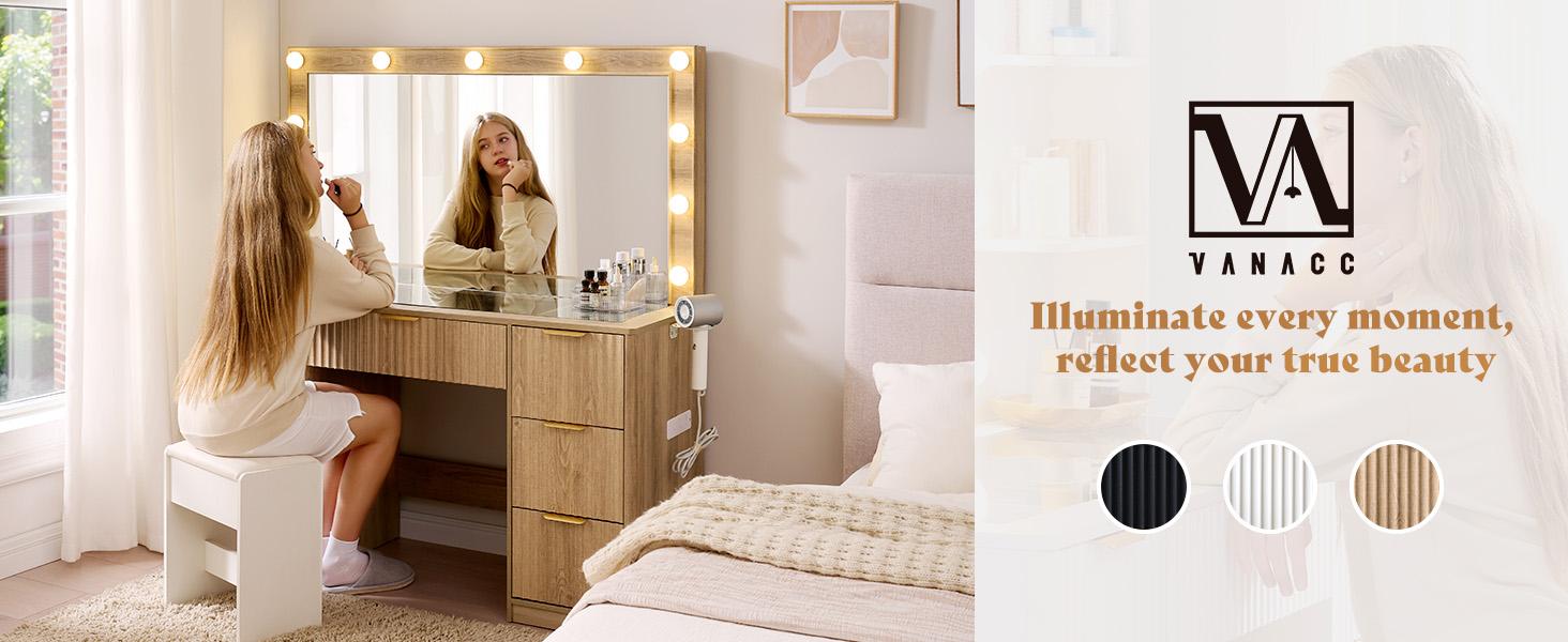 VanAcc 36.2/47.2" Fluted Vanity Desk with Mirror and Adjustable LED Lights, Large 4/7 Drawers Makeup Table with Glass Top and Charging Station for Women and Girls, Bedroom or Dorm