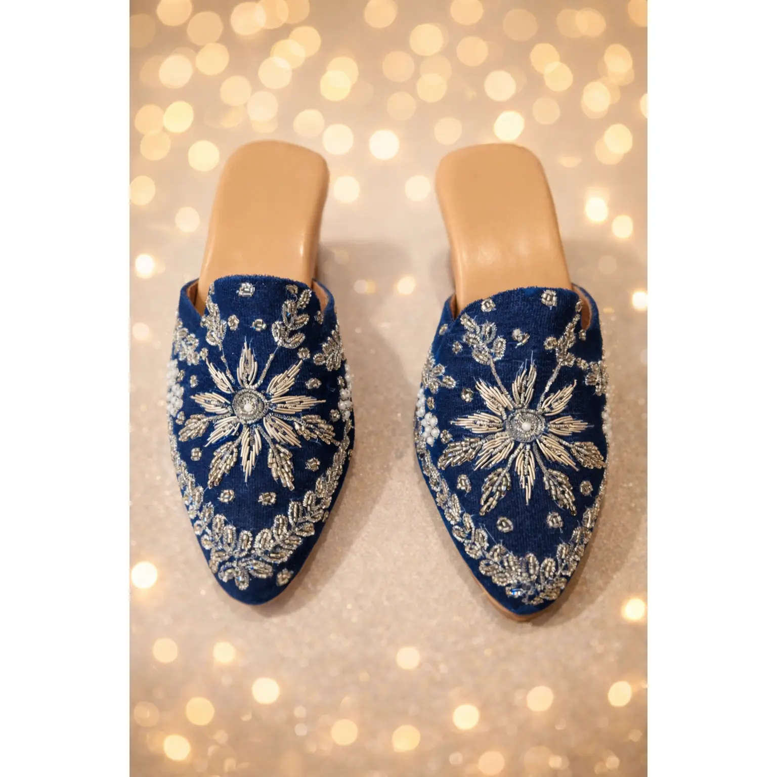 Women's Heeled Punjabi Jutti Shoe in Blue with Silver Work - Comfortable Traditional Indian Footwear for Weddings & Parties