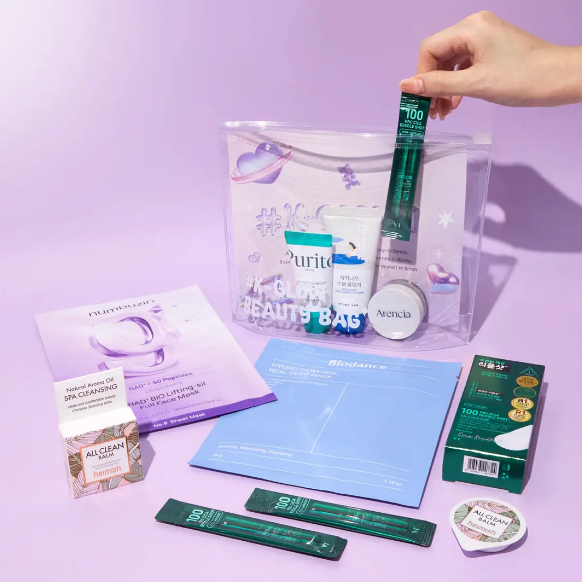 [StyleKorean] K-Beauty Glow Bag (7 Items + Pouch) - Purito Seoul Bamboo Panthenol Cream, VT Cosmetics 100 Pro CicaReedle Shot, Heimish All Clean Balm, RoundLab Birch Juice Cleanser, Biodance Hydro Deep Mask, Numbuzin No.9 Nad Mask, Arencia Green Cleanser