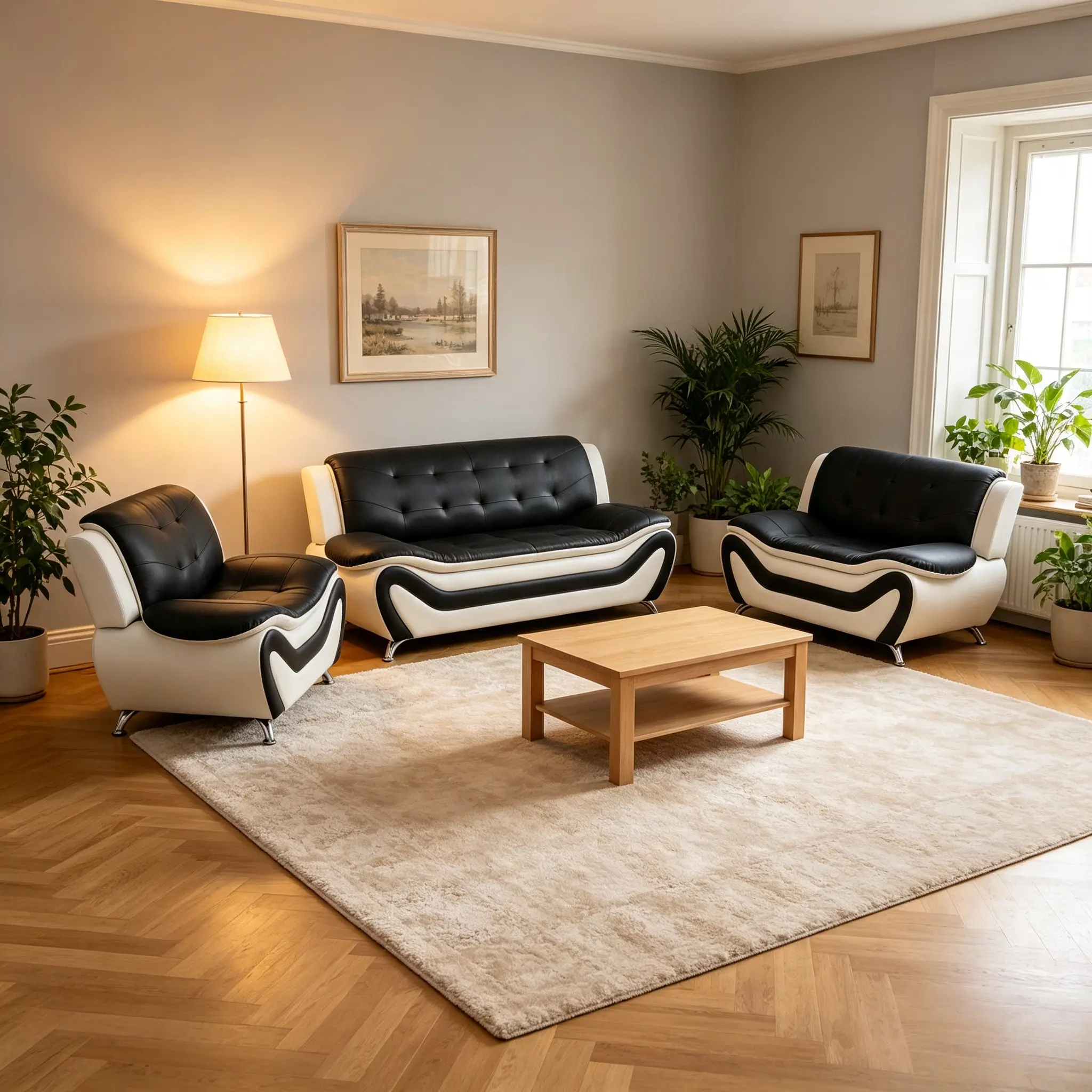 3 Piece Living Room Furniture Set, Sectional Sofa Couches, Black White Leather Sofa Set, Modern Sofa Couch Set for Living Room/Bedroom/Office