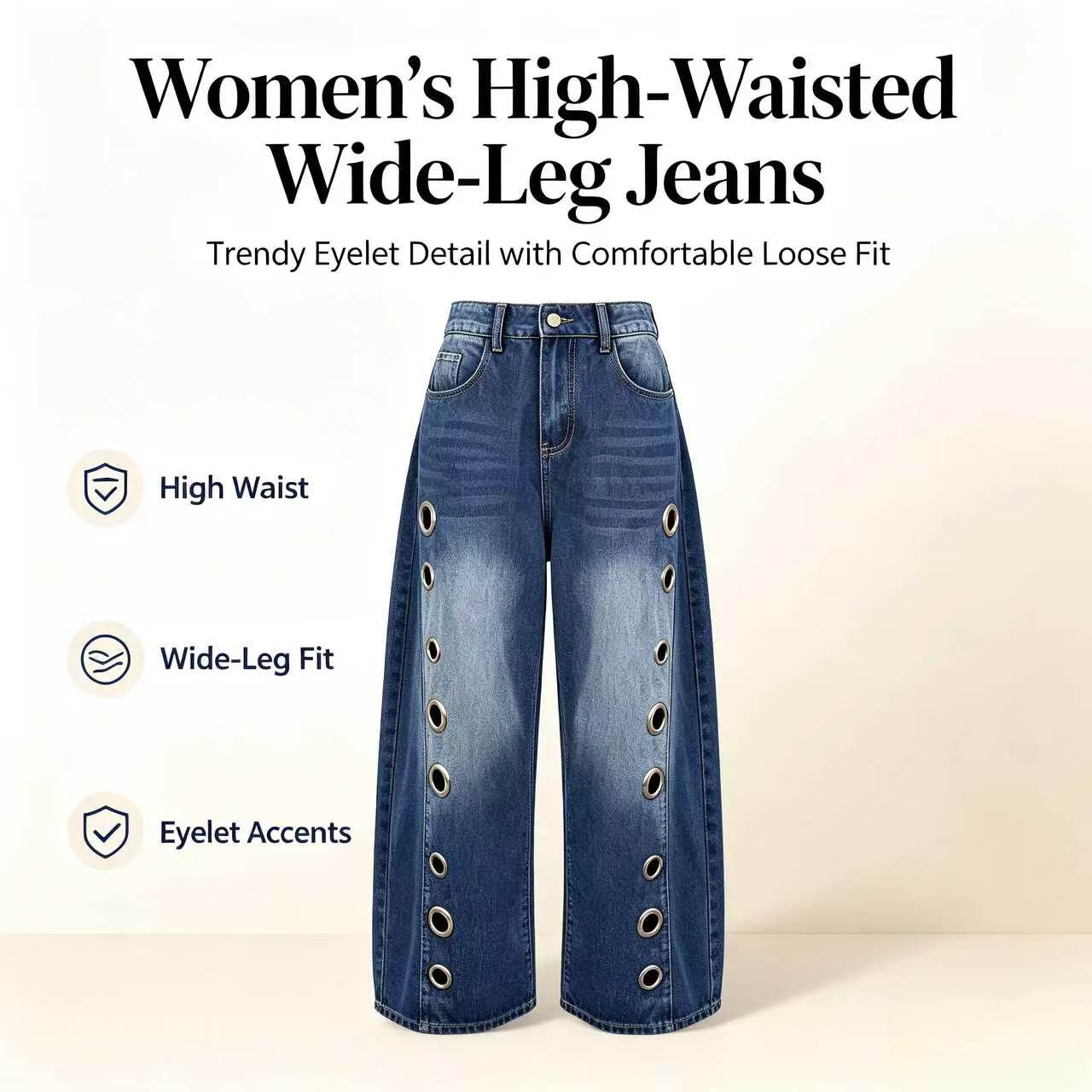 UOOZEE Women's Fall Jeans 2026 Graphic Eyelet Jeans, High-Waist Baggy Wide Leg Statement Denim Bottoms for Festival Looks,back to school shopping, Cropped