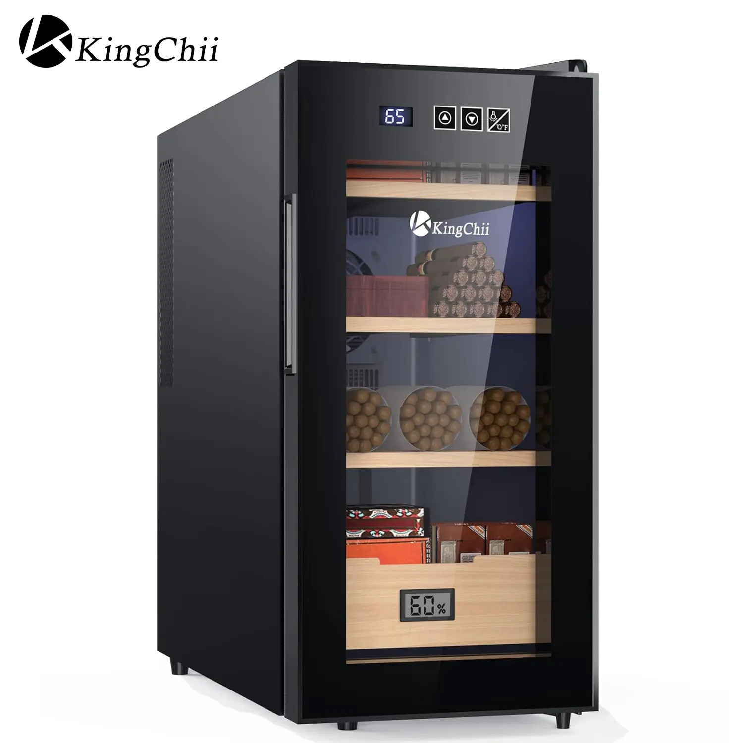 KINGCHII 26L Electronic Humidor, Constant Temperature Control, Spanish Cedar Wood Shelves, 4-Layer 200-Capacity Display Cabinet