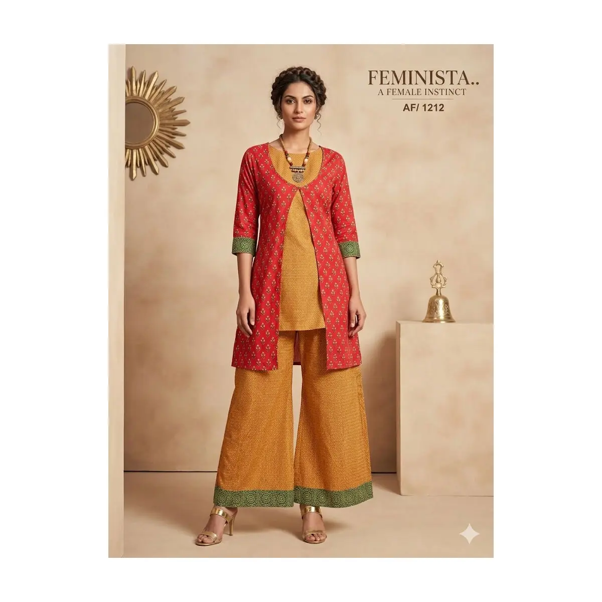 #AF/1212 Elegant Mustard & Red Ethnic Sharara Set with Printed Jacket