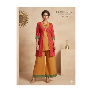 #AF/1212 Elegant Mustard & Red Ethnic Sharara Set with Printed Jacket
