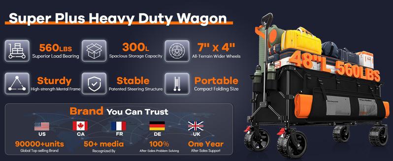 Collapsible Heavy Duty Utility Wagon Cart, Extra Long Beach Cart with All Terrain Wheels 360-560LB Capacity 120L-300L Storage, Foldable Utility Cart with Durable Steel Frame & Black Oxford Fabric for Groceries, Shopping, Camping, Sports, Garden