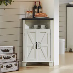 LINGMU Farmhouse White Corner Storage Cabinet with Barn Door & Open Shelves, Freestanding Floor Organizer for Kitchen, Laundry Room, Living Room & Bedroom
