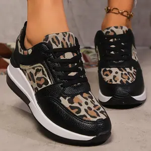 Women's Leopard Print Wedge Sneakers - Lightweight, Lace-Up Casual Shoes with Thick Platform Sole for All Seasons Girl Footwear