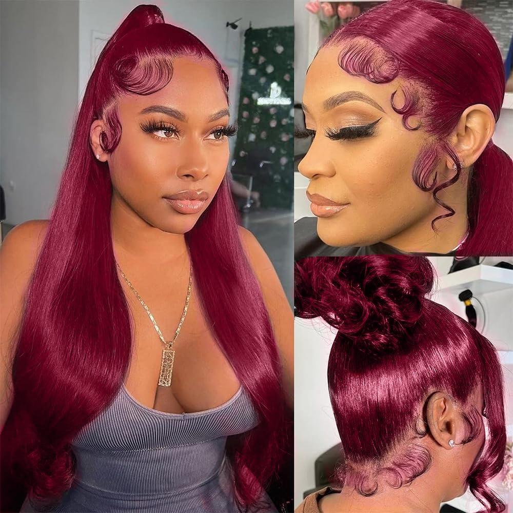 99J Burgundy 13x6 Hd Transparent Lace Frontal Wig Pre plucked Straight /Body Wave Lace Front Wigs Human Hair For Women 180% Density