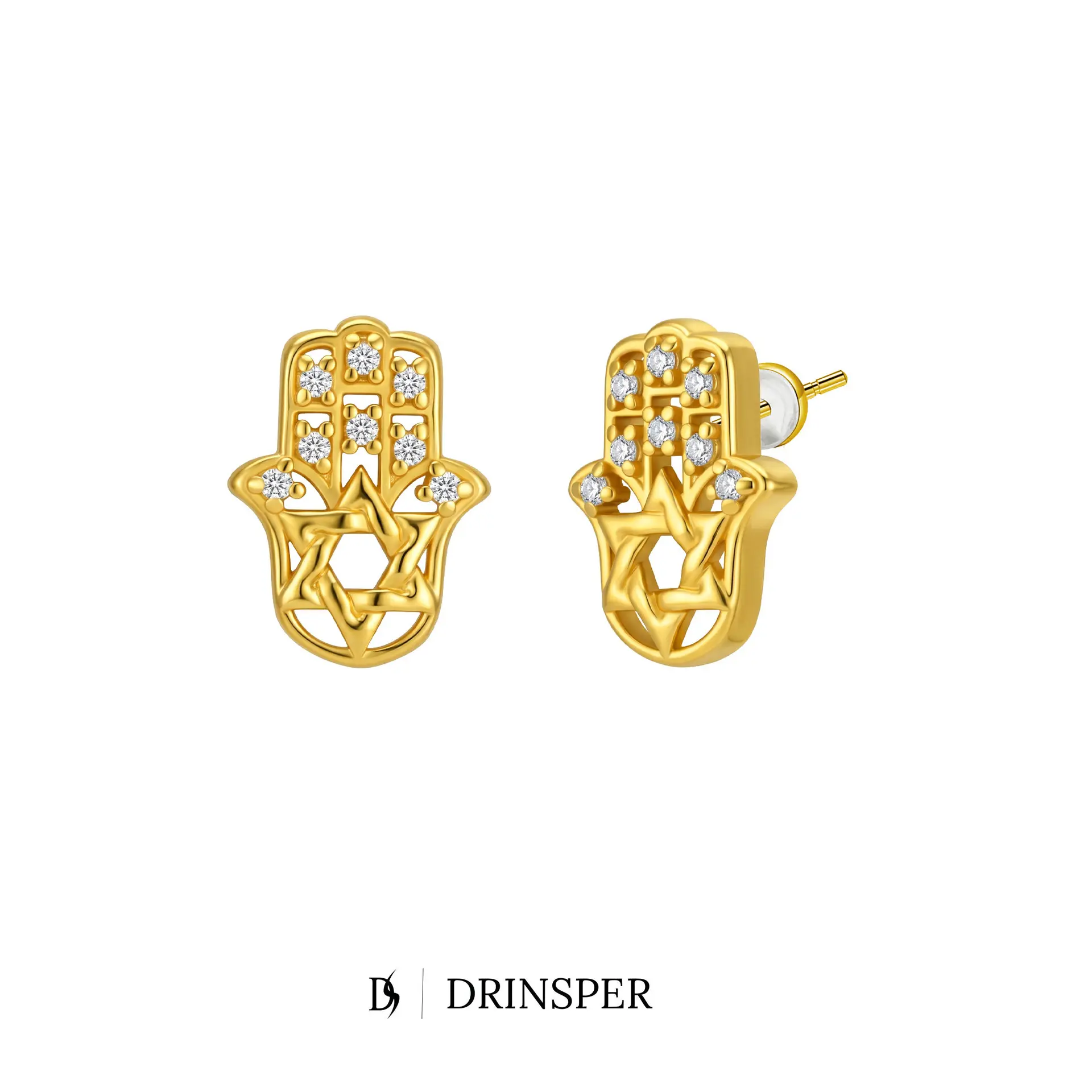DRINSPER Lightweight Studs for Women, Hamsa Hand Star of David Copper Earrings with Cubic Zirconia, Minimalist Spiritual Jewelry, Daily Wear, Religious Symbol, Elegant Design