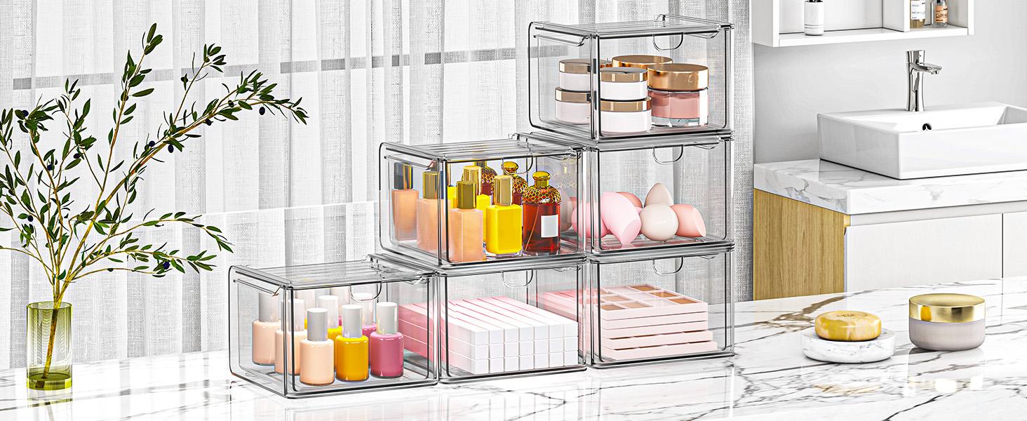 6-Pack Clear Acrylic Stackable Storage Boxes, Multi-Purpose Desktop Organizer for Makeup, Cosmetics & Office Supplies