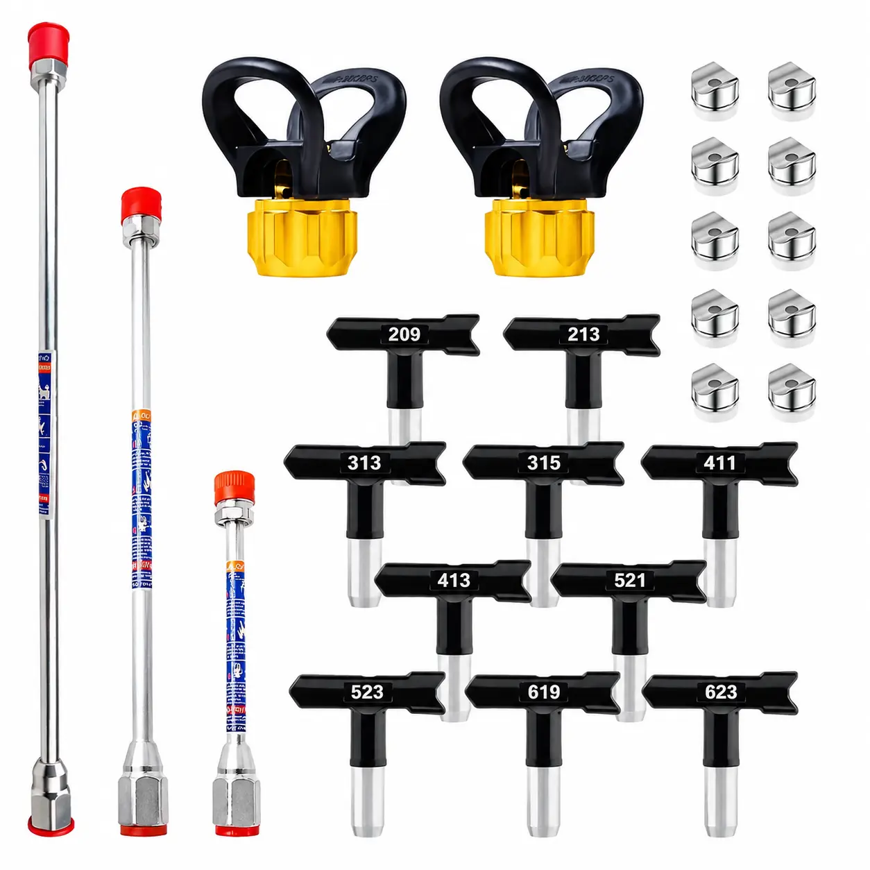 25 Piece Airless Paint Sprayer Accessory Kit with 10 Spray Tips, 10 Tungsten Carbide Tip Inserts, 3 Extension Wands and 2 Spray Tip Guards