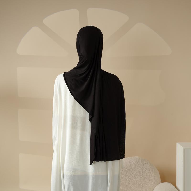 Women Muslim Modern Modesty Chic Solid Color Soft Jersey Hijab Tudung With Basic UnderCap Formal Spun Rayon Lightweight Breathable MH038 Beige Black