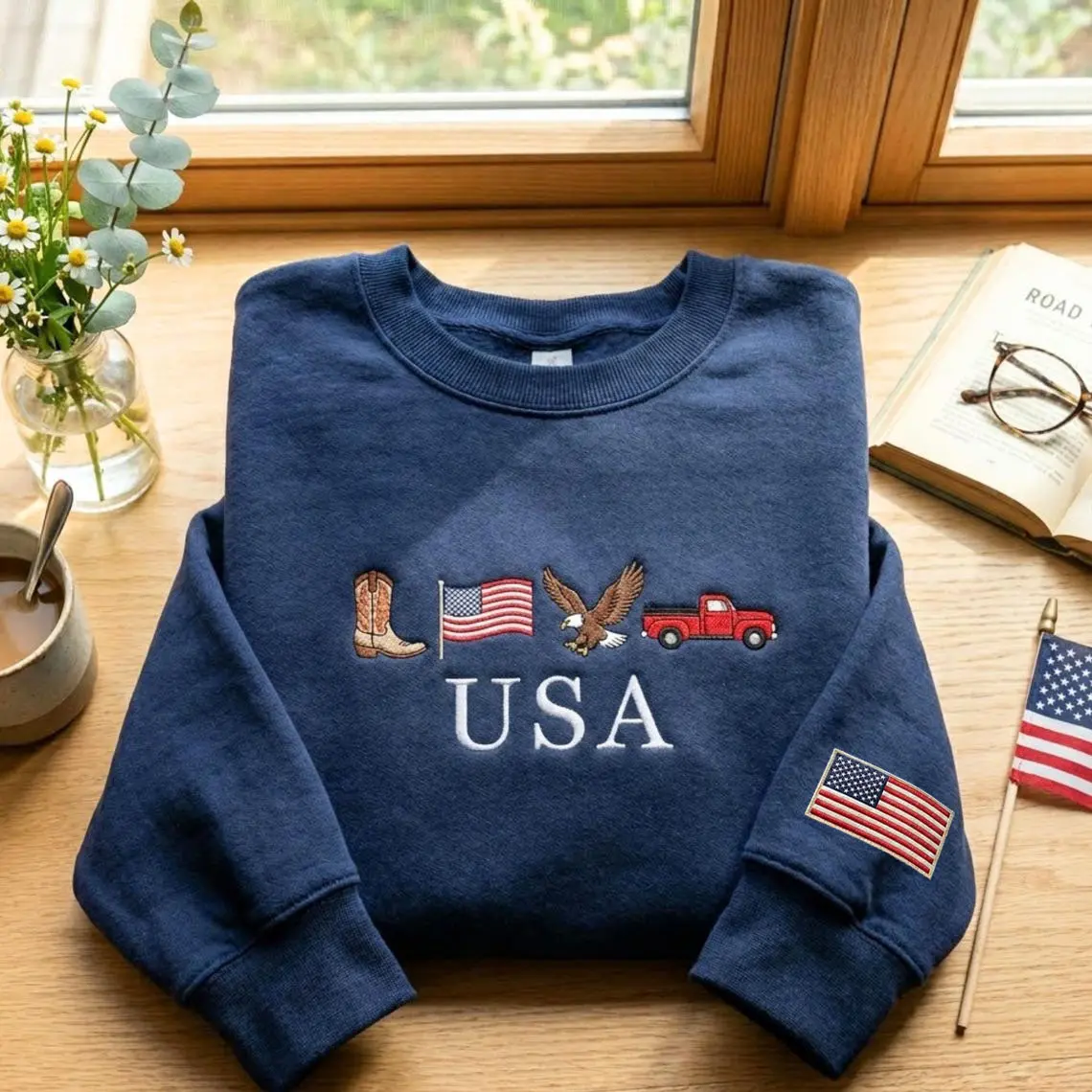 Embroidered USA Icons, Patriotic 4th of July, American Flag Eagle Vintage Truck Dog Design, Womenswear Unisex Crewneck Hoodie
