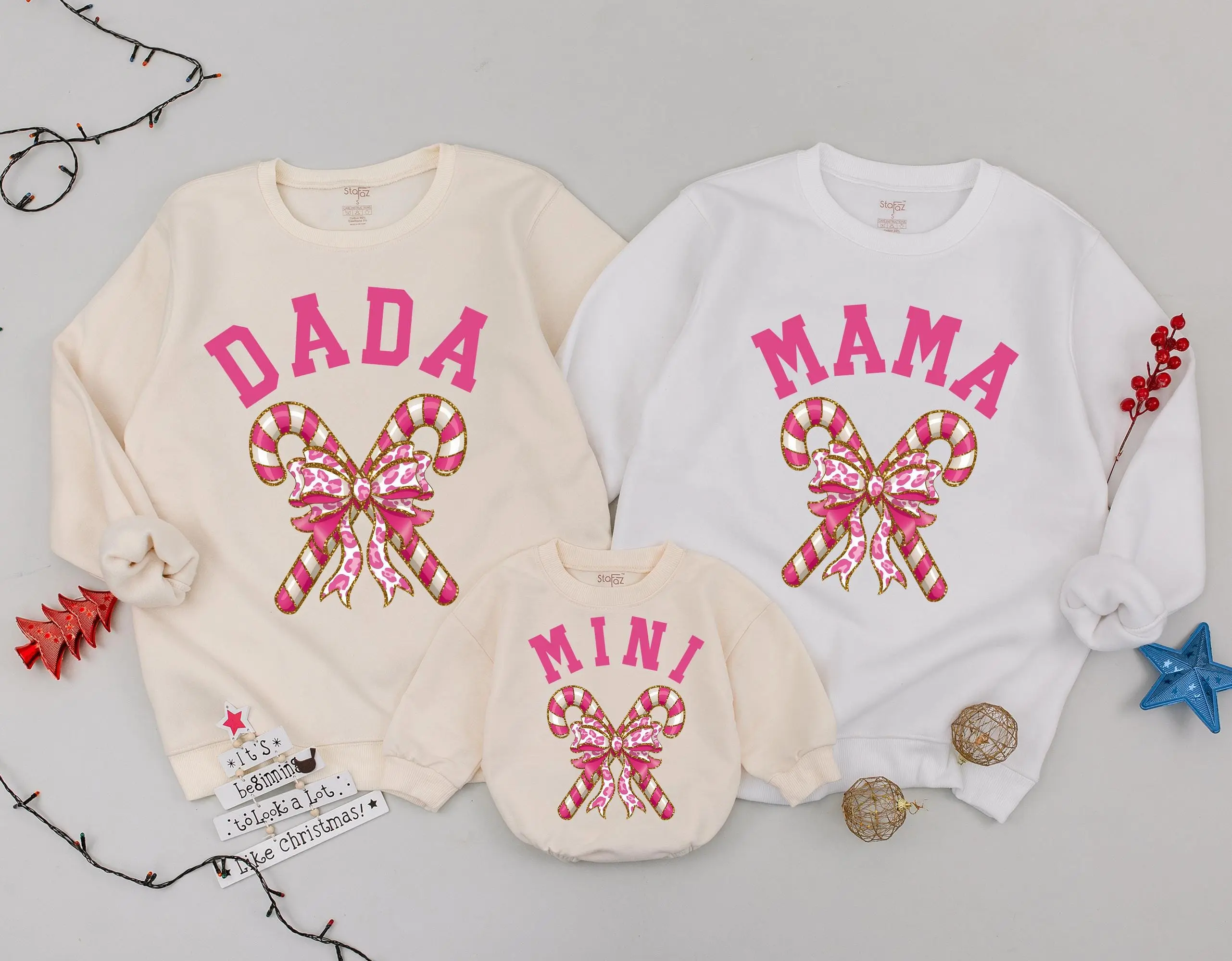 Personalized Mama Dada & Mini Sweatshirt Set - Candy Cane Christmas Outfit for Family Photos & Special Occasions - Coordinated Mommy and Me Matching Sweaters for New Moms