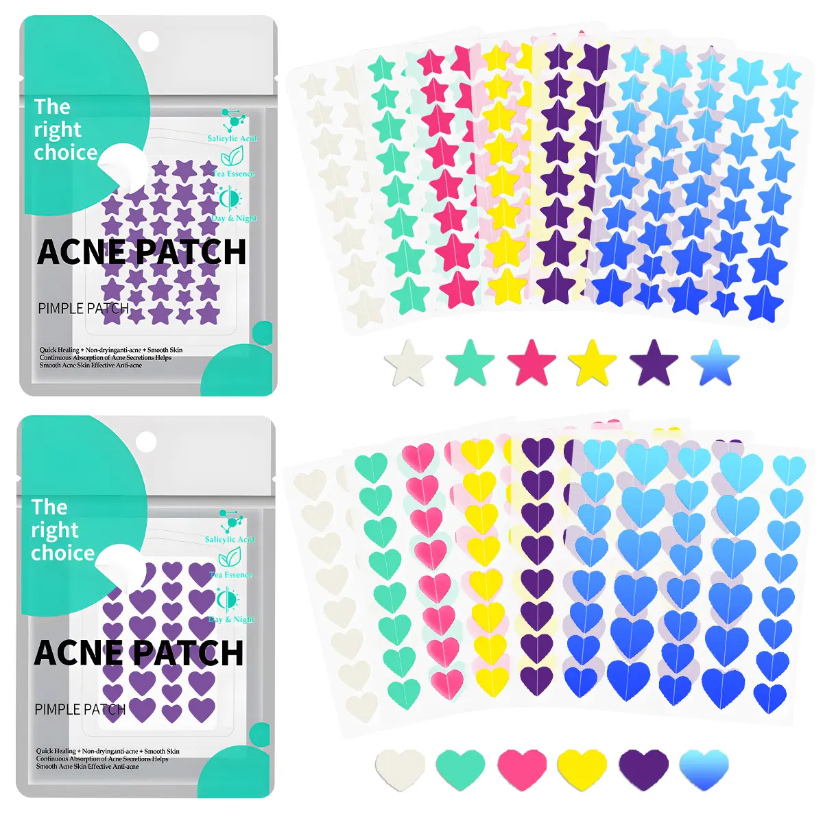 Hydrocolloid Pimple Patches (456 Count, 216 Star & Heart Shapes) with Tea Tree Oil & Salicylic Acid, Acne Care Facial Patches for Skin Repair, Smoothing, Peel-Off No Redness, Waterproof, Stays Put Through Sleep