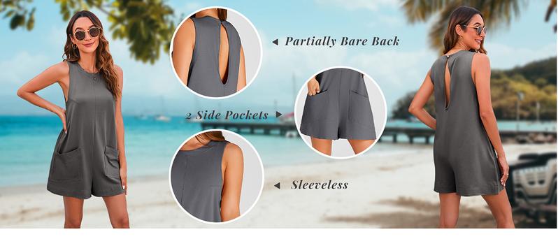 WoodBerry Women's Casual Sleeveless Romper Summer Beach Vacation Stretchy Onesie Round Neck Loose Shorts Jumpsuit with Pockets for Daily Wear