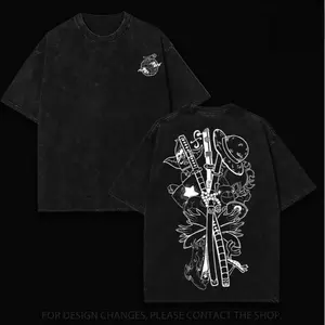 [Winter Outfits]Gomu Gomu No Mi - One Piecee Anime Double Printed Vintage Washed Tee Unisex Oversize Anime Manga Washed Heavyweight Cotton T-shirt, Gift For Anime Fan, Anime Lover