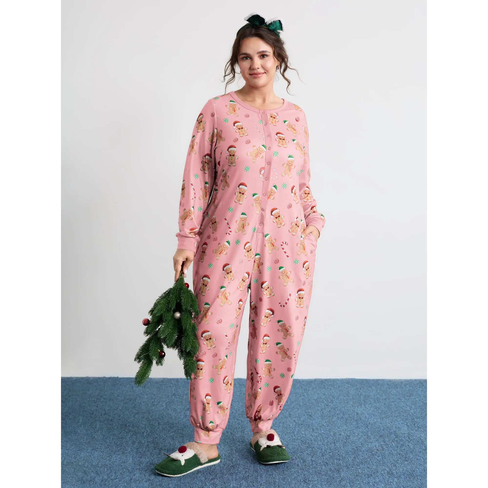 BLOOMCHIC Women's Plus Size Christmas Gingerbread Print Jumpsuit [M-6X], Long Sleeve Ribbed Button Placket One Piece With Pockets, Holiday Loungewear