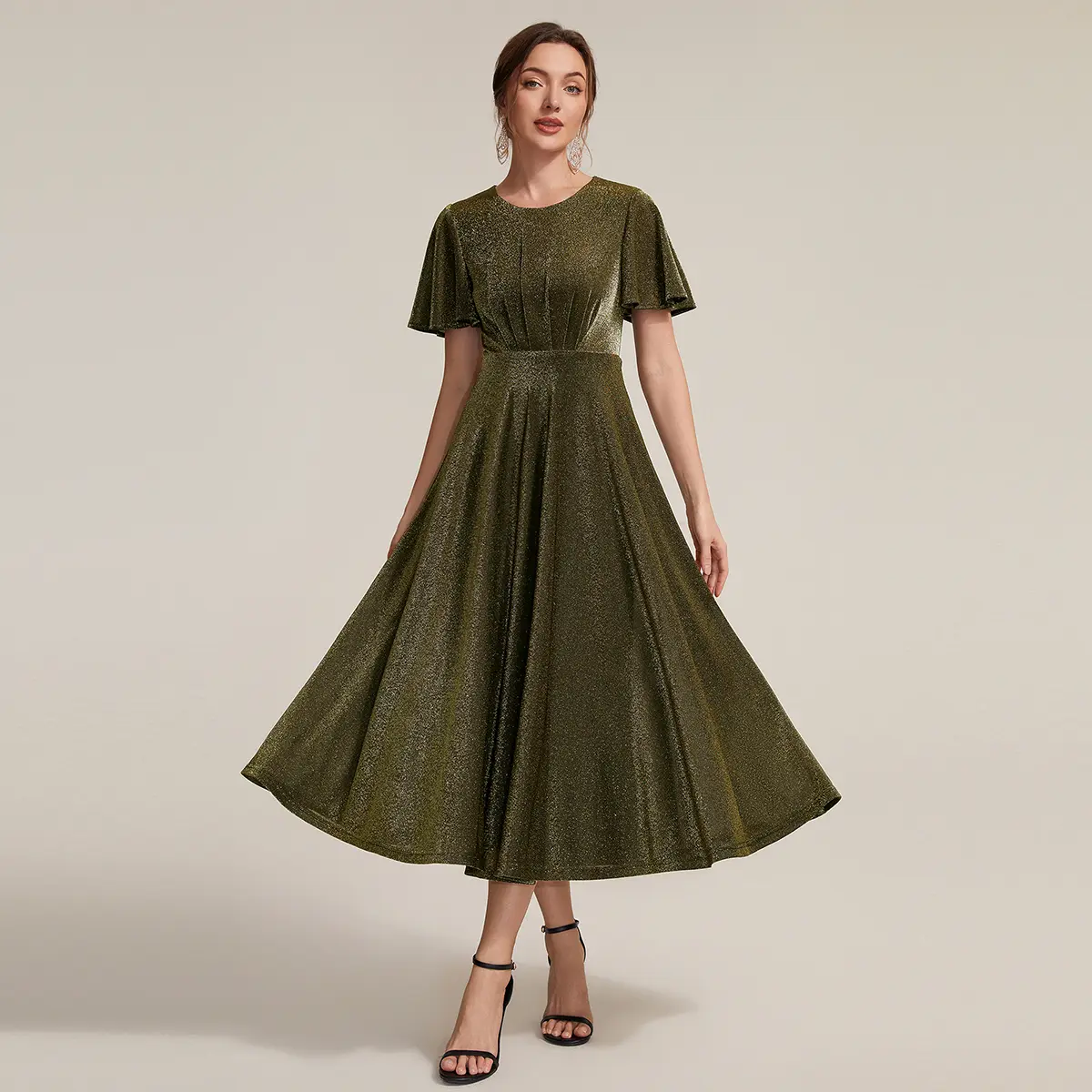 Ever-Pretty 2026 New Trend Knit Glitter Ruffles Sleeve A-Line Wedding Guest Dress – Sparkly Metallic Finish & Flared Skirt for Party & Date Night EG02826