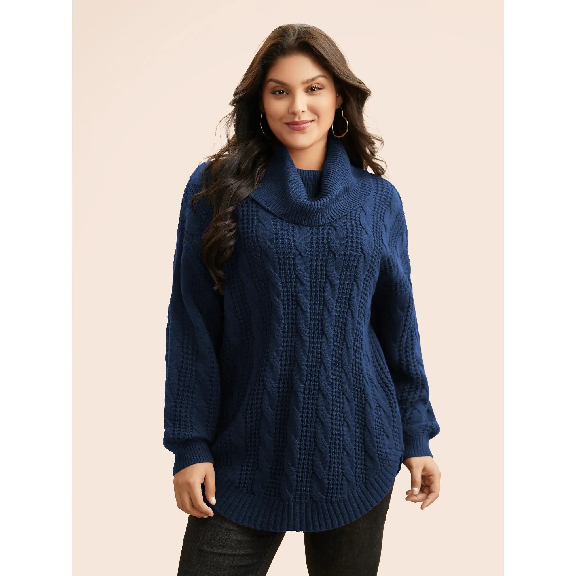 BloomChic Women's Plus Size High Neck Flat Knitting Tops - Long Sleeve Loose-Fitting Solid Cable Knit Pullover, Minimalist Basic, Casual Everyday, Comfy Breathable, Low Iron, Hand Wash, Regular Length, Turtleneck, Plain