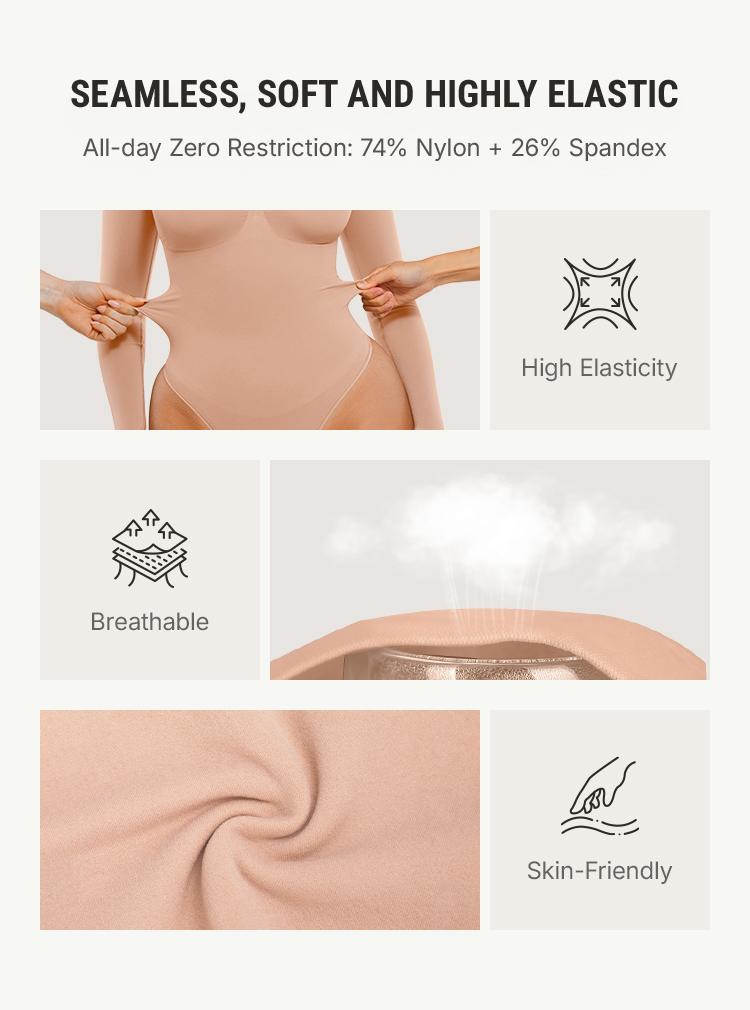 FeelinGirl Women's Seamless Shaping Long Sleeve Thong Comfortable Bodysuit for Tops and Underwear Lady Comfort Basic Springtok