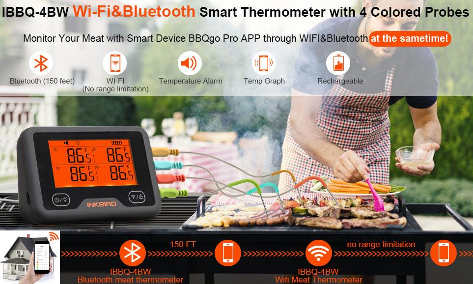 Inkbird meat thermometer, 1 Bluetooth WiFi smart barbecue thermometer, 4 color probes with alarm prompts, kitchen utensils, INKBIRD IBBQ-4BW