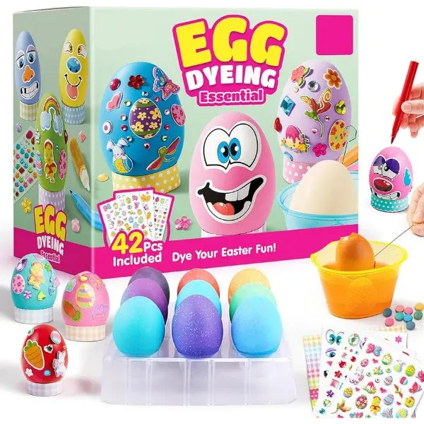 Easter Egg Decorating Kit for Kids, Easter Egg Dye Kit with Dye , Stickers & DIY Craft Tools, Easter Egg Coloring Kit for Egg Hunt, Easter Basket Stuffers, Kids Easter Party Activity Set