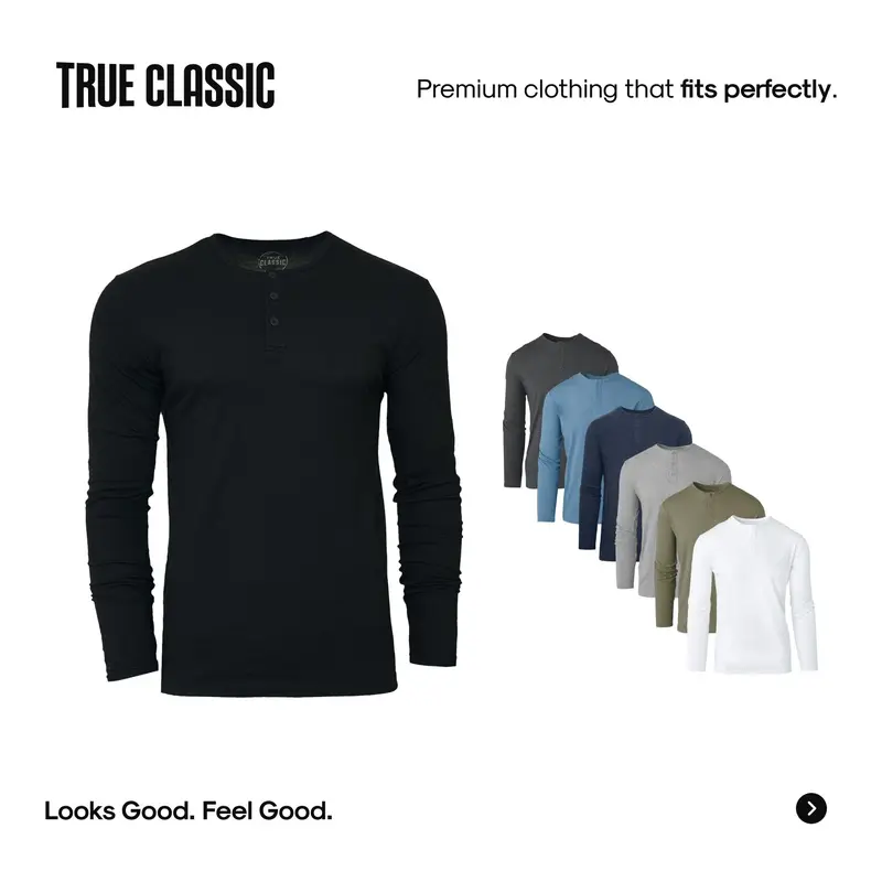 True Classic Men's Long Sleeve Henley Shirts, Menswear Top with Soft Fabric, Athletic Breathable Design