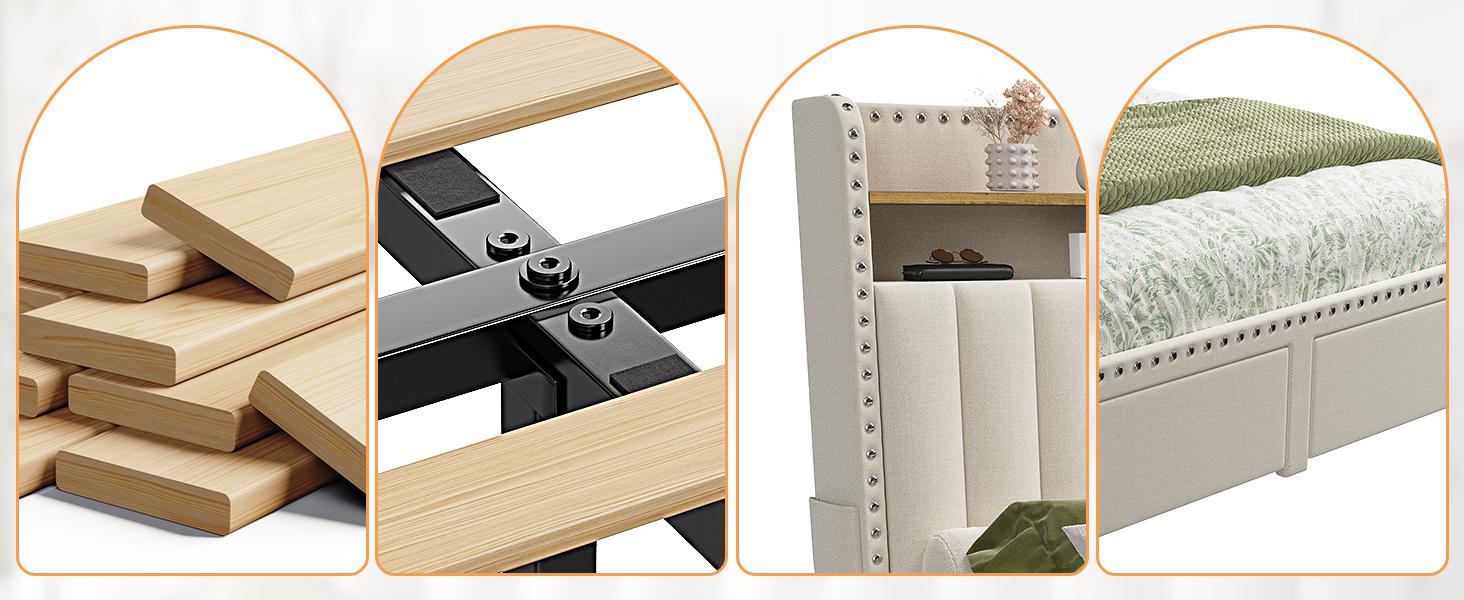 NO MATTRESS,  Queen Size Bed Frame with Storage Drawers, King Size bed with Headboard, Soft Upholstered Queen or Full Size Divan Beds with 2 Drawers and Built-in Shelves