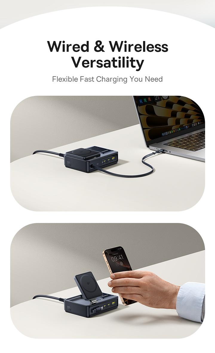 Baseus NOMOS 5-in-1 Desktop Charger 3C+U 140W US Qi2 Wireless Charging+Retractable Cable+Digital Display