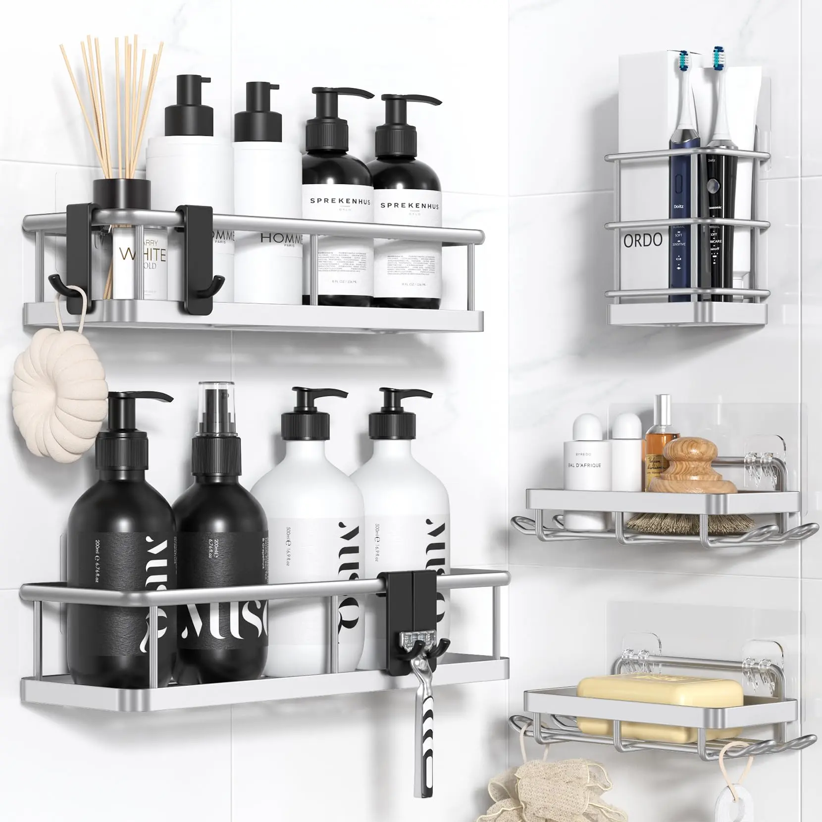 5-Pack Adhesive Shower Caddy, Rustproof Wall Shower Shelves, No Drill Bathroom Organizer with Removable Hooks, Large Capacity Shower Storage Accessories