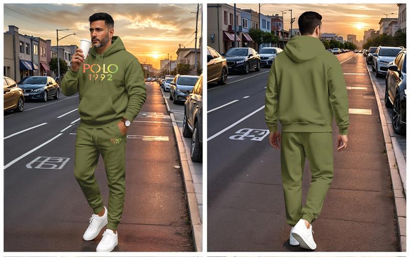 Men's Polo Pattern Print Hoodie and Drawstring Sweatpants Set, Menswear, Casual Athletic Long Sleeve Hooded Jacket & Trousers for Fall & Winter, Men's Clothing for Daily Wear, Sportswear Indoor Outdoor, Tracksuit, Athleisure Minimalist Breathable