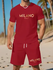 Men’s summer regular-fit cotton short-sleeve T-shirt and shorts set featuring Milan letter print. Fashionable casual menswear for going out, with a pocketed athletic design and elastic drawstring waist. Suitable for running, golf, fishing, basketball, cam