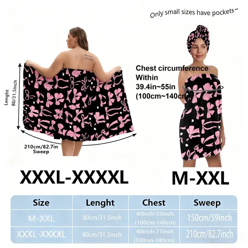 Black Pink Floral Towel Wrap Set with Matching Hair Wrap, Skirt & Petticoat, Plus Size XXL-XXXXL, Perfect for Post-Bath Beach/SPA, Ideal for Summer Vacation, Pool Party, Bridal Shower, Birthday Gift